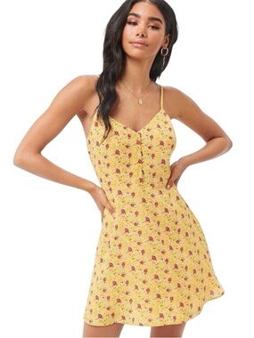 Forever 21 Yellow Floral Spaghetti-Strap Mini Dress
